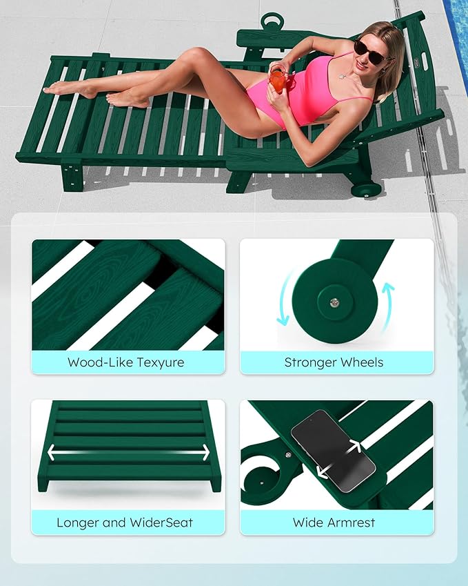 Chaise Lounge Chair Outdoor with Wheels, Oversize Patio Lounge Chairs with Wood Texture, 5-Position Plastic Lounge Chairs for Poolside, Patio, Deck, Beach(Green)