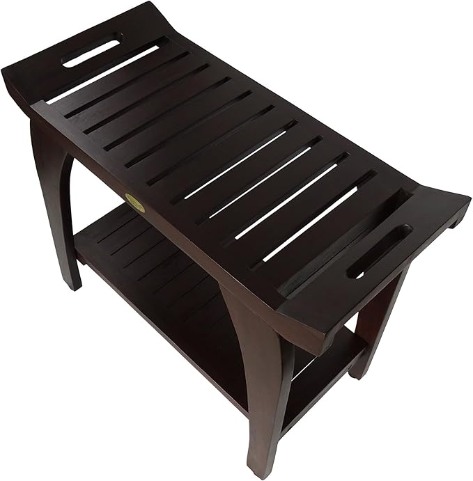 DecoTeak Tranquility 30 Inch Extended Height Brown Waterproof Teak Wood Shower Bench Stool Seat Chair for Inside Shower Storage Shelf Provides Safety Storage and Organization for Bathroom Accessories
