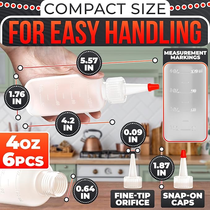 BURIUS 6-Pack 4oz Small Squeeze Bottles for Liquids – Clear Condiment Squeeze Bottles for Sauces, Ketchup, Mustard, Oil, Syrups, and Dressings with Measuring Scale – Easy-to-Use & Leak-Proof