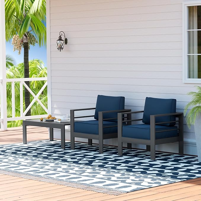 UDPATIO Patio Aluminum Sofa Patio Armchairs Set of 2, 5" Thickness Cushion Outdoor Seating Set for Porch, Blue Cushions(Include Waterprroof Cover)