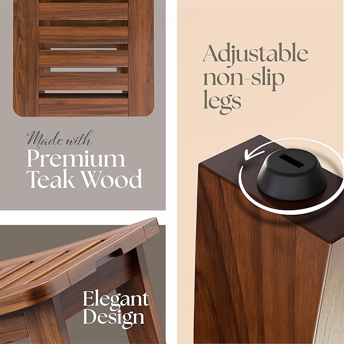 Simplex Teak Shower Bench, Fully Assembled Shower Stool, Water-Resistant Spa Seat, 20.8 Inch Non Slip Shower Bench, Indoor & Outdoor Use