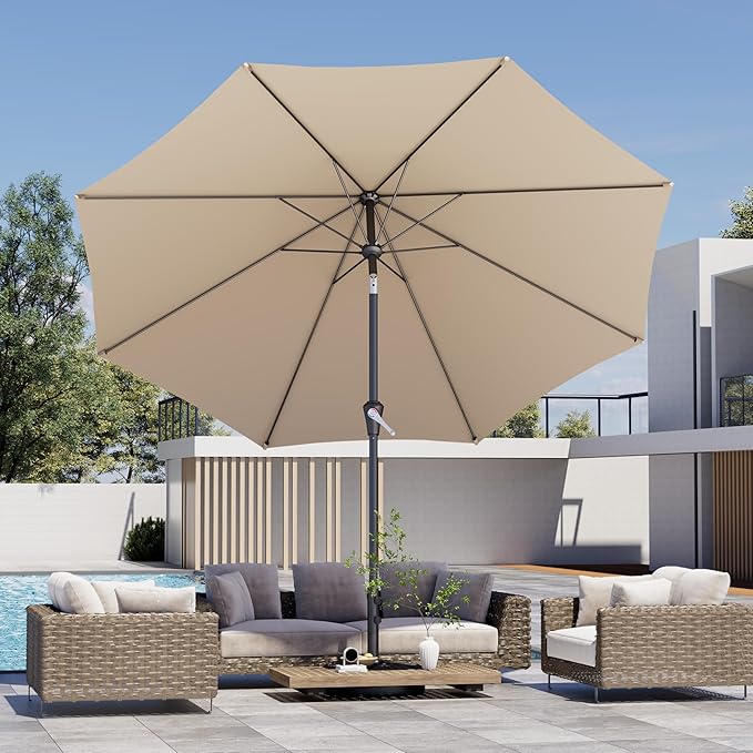 Kingdura 9FT Outdoor Patio Umbrella, Market Table Umbrella with Push Button Tilt and Crank, 8 Sturdy Fiberglass Ribs, UV Protection for Pool, Lawn, Deck, Backyard, Garden (Beige)