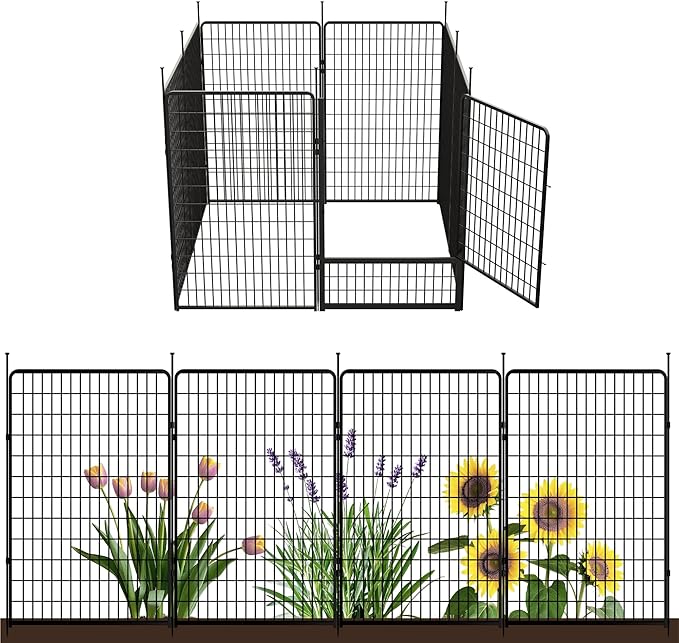 SunsGrove Tall Garden Fence with Gate, 50 in(H) x 20.5 ft(L) 8 Panels Heavy Duty Metal Animal Barrier Fence for Yard, Suitable for Indoor or Outdoor Dog Pet Fence, Garden Fence Border, Black