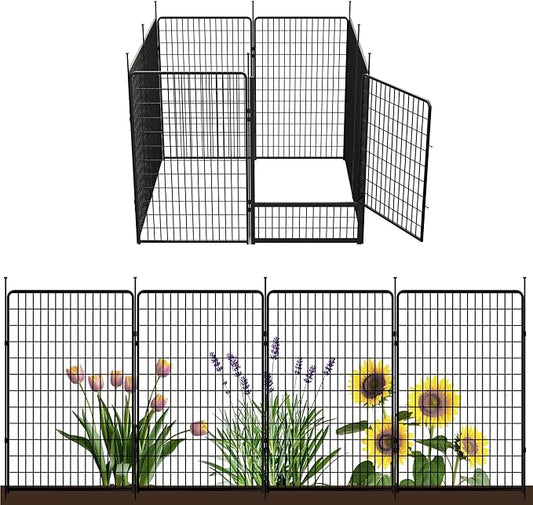 SunsGrove Tall Garden Fence with Gate, 50 in(H) x 20.5 ft(L) 8 Panels Heavy Duty Metal Animal Barrier Fence for Yard, Suitable for Indoor or Outdoor Dog Pet Fence, Garden Fence Border, Black