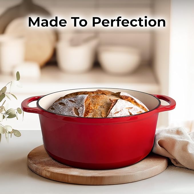 Zulay Kitchen 5 Quart Enameled Cast Iron Dutch Oven Pot with Lid – Premium Durability & Oven Safe up to 500°F – Heavy Duty Cookware Perfect for Bread Baking, Stews, Braising & Roasting – Red