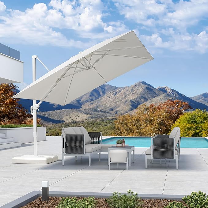 PURPLE LEAF 10 FT Patio Umbrella White Cantilever Umbrella Aluminum Square Outdoor Offset Umbrella Hanging Windproof with 360° Rotation for Garden Deck Pool, White