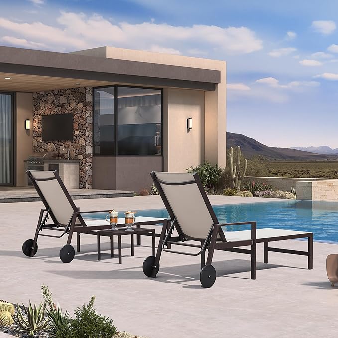 PURPLE LEAF Pool Lounge Chairs Set of 3 Aluminum Outdoor Chaise Lounge with Armrests and Wheels Adjustable Patio for Deck Outside Lawn Garden, Linen