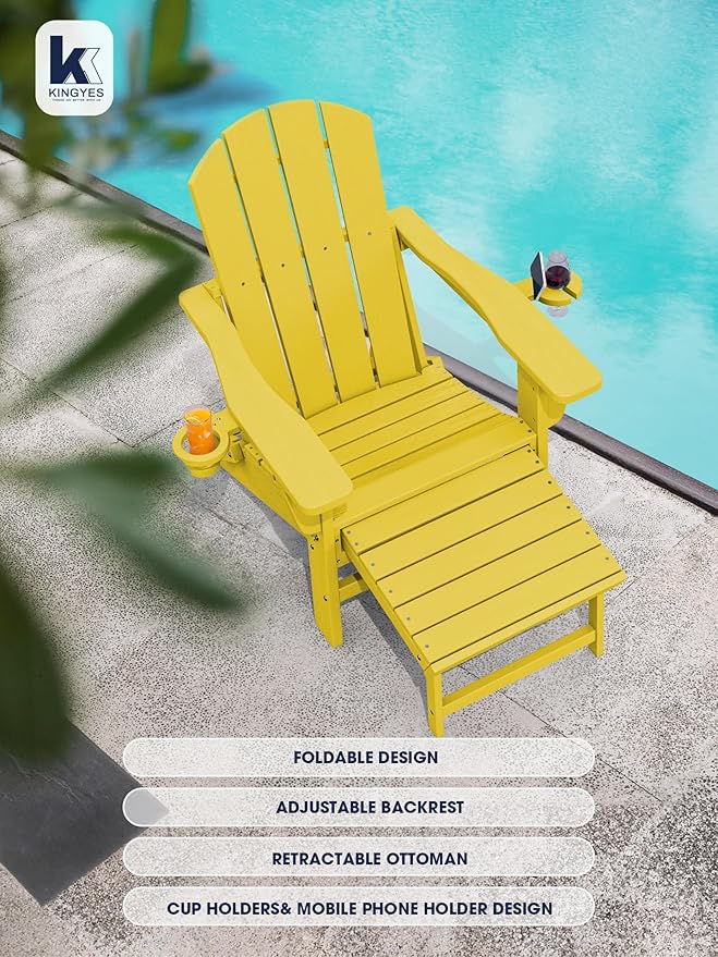 KINGYES Folding Adjustable Adirondack Chair with Ottoman & 2 Cup Holders Set of 2, HDEP Multifunctional Adirondack Chair with Footrest, Yellow