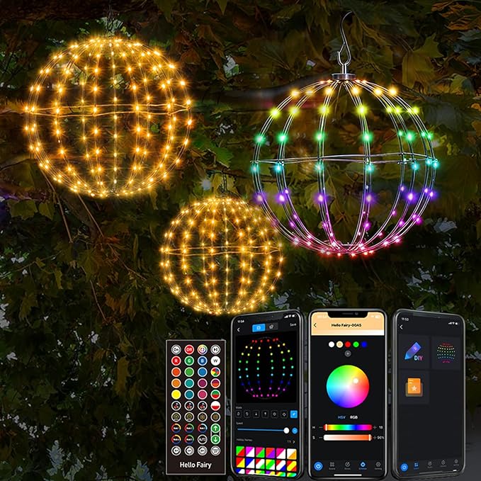 3 Pack 12” Outdoor/Indoor LED Christmas Light Balls, Smart Hanging Tree Decor Sphere Lights, Dimmer Color Changing, App & Remote Control, Timer, Waterproof, Holiday, Patio, Wedding Decor