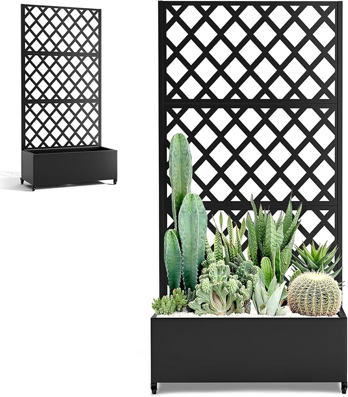 Metal Large Garden Bed with Trellis & Wheels, Planter Box with Privacy Screen for Climbing Plants, Privacy Planters for Patio, 35" L Garden Boxes with Drainage Holes (Black Diamond)