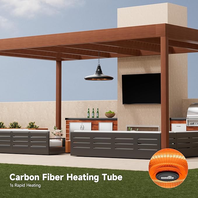 Ceiling Electric Outdoor Heater Wall-Mounted Hanging Patio 1500W Infrared Carbon Fiber Tube Heating Wall Heater for Gazebo, Balcony (Black - Circular Heating)