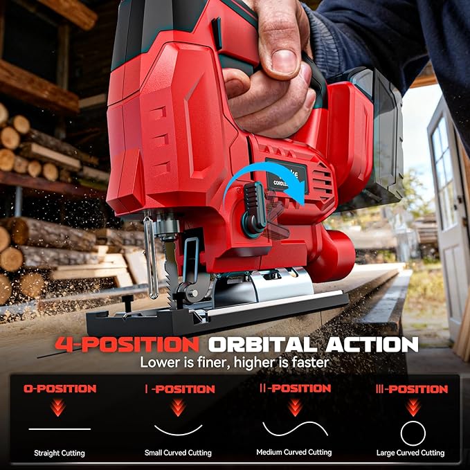 Ecarke Cordless Jig Saw Compatible With Milwaukee 18V Battery, Brushless, 4 Orbital Sets, 7 Speeds Dial Control, Dust-Blowing, ±45° Bevel Cuts, LED Light and 6PCS Blades For Cutting (Without Battery)