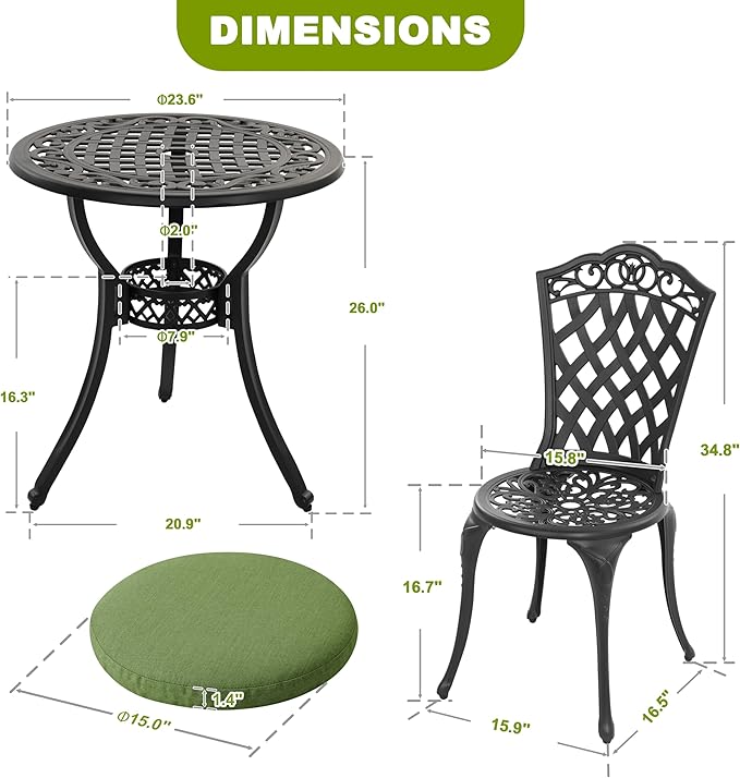 NUU GARDEN 3-Piece Patio Bistro Set Outdoor Cast Aluminum Bistro Table and Chairs Set of 2, Outdoor Patio Bistro Set with Umbrella Hole and Green Cushions for Porch, Garden, Black