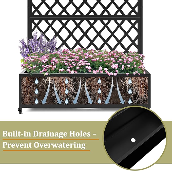 Metal Planter Box with Trellis, Heavy-Duty Raised Garden Bed for Climbing Plants, Drainage Hole, Outdoor Planter Box with Privacy Screen，47''L×16''W×71''H