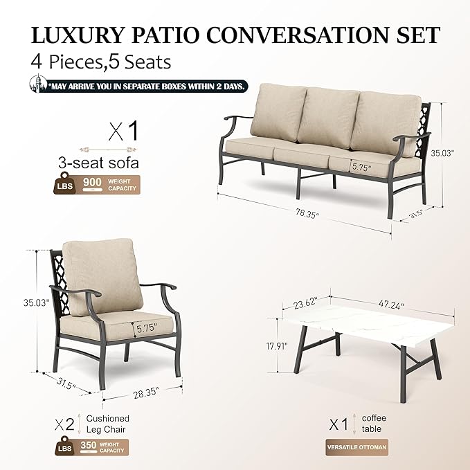 HERA'S HOUSE 4 Piece Patio Furniture Set, 2 x Metal Frame Cushioned Chair, 3-Seat Sofa with Marbling Coffee Table, All Weahter Outdoor Conversation Set for Lawn Garden Backyard