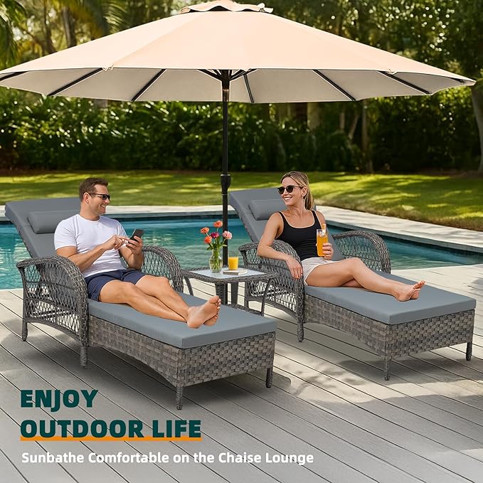 MEETWARM Outdoor Wicker Chaise Lounge Chair Set of 2, 77" Long All Weather PE Rattan Patio Lounge Chair, 6 Position Adjustable Pool Reclining Sunbathing Chair for Outside, Armrest & Head Pillow, Gray