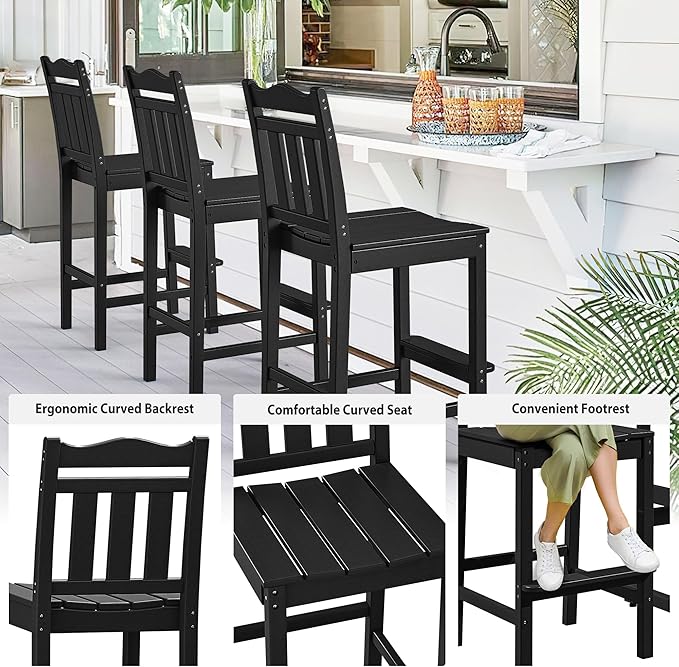 nalone Outdoor Bar Stool, HDPE Tall Adirondack Chair Bar Chair, Weather Resistance Bar Height Chairs for Balcony, Garden, Yard, Backyard (Black, Bar Chair)