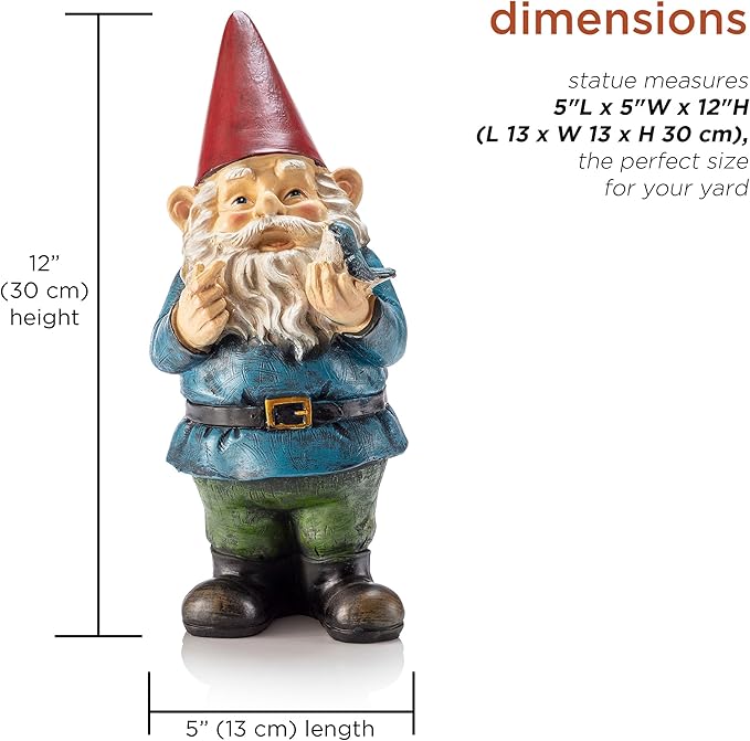 Alpine Corporation | 12"H Outdoor Garden Gnome Yard Statue with Bird Accent — Whimsical Hand-Painted Décor for Lawn, Patio & Flower Beds — Multicolor Finish