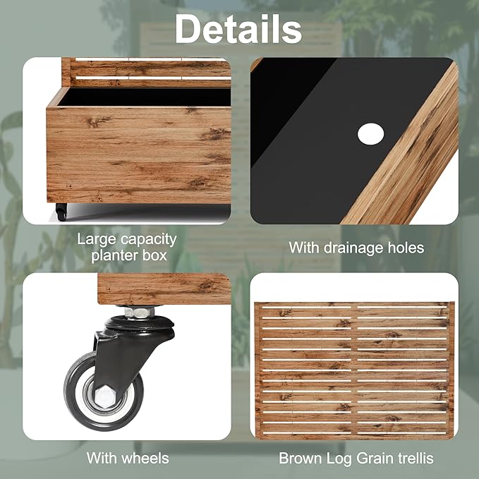 Metal Raised Garden Beds with Trellis and Wheels for Climbing Plants, Flowers, Large Planter Box with Privacy Screen & Drainage Holes for Patio (47" L, Brown Log Grain)
