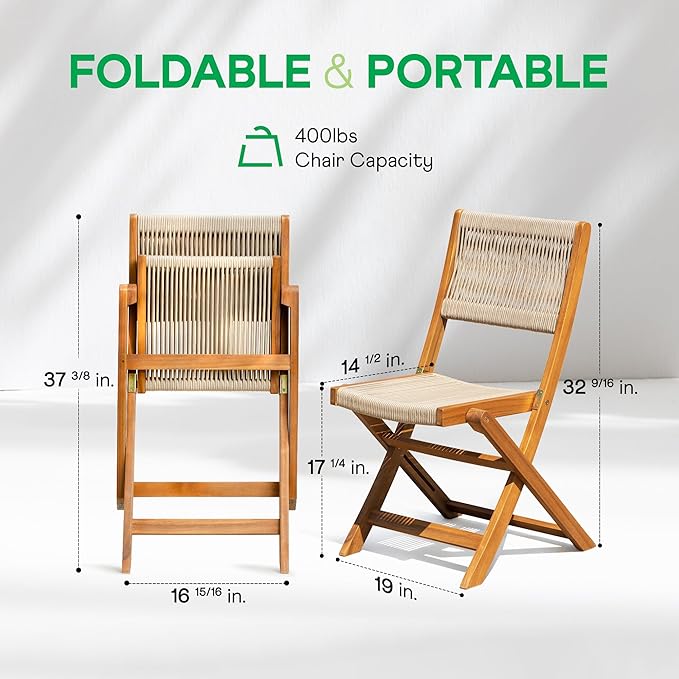 IDZO Wood Rope Design Bistro Chairs, Folding Patio Set of 2 Chairs – Heavy-Duty 400lbs Capacity Outdoor Seating for Balcony, Garden, or Porch