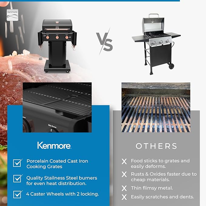Kenmore 3-Burner Propane BBQ Grill, 30,000 BTUs Gas Grill with Cast Iron Cooking Grates, Folding Side Tables & Wheels, Outdoor Grill with Tool Hooks, Black/Copper + Bonus Cover