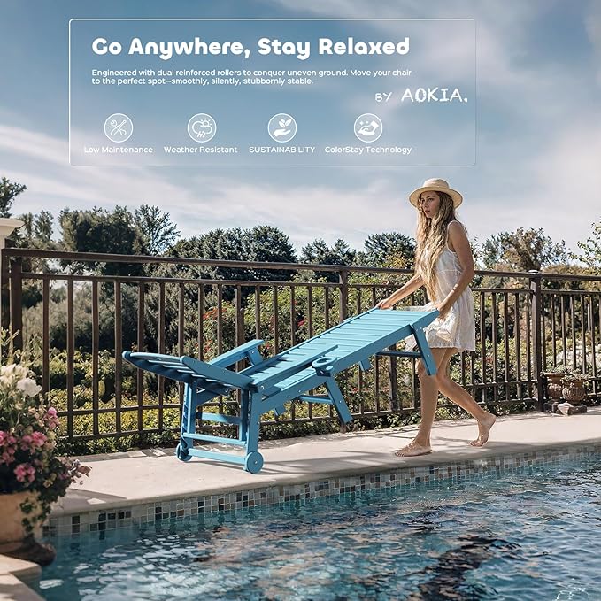 Aokia Pool Lounge Chairs,Chaise Lounge Chair Outdoor with Wheels & Cupholder Oversize HDPE 6-Position Outdoor Chairs for Patio, Lawn, Garden, Poolside (Light Blue)