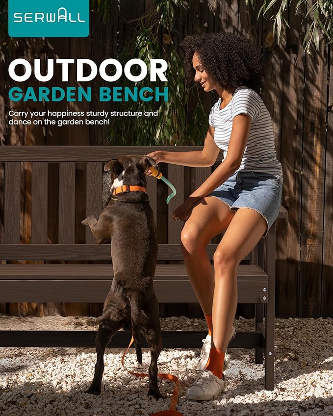 SERWALL Outdoor Bench, HDPE Outdoor Benches Weatherproof, 2-Person Garden Bench with 660 lbs Weight Capacity, Patio Benches for Outdoors, Garden, Porch, Backyard and Park, Coffee