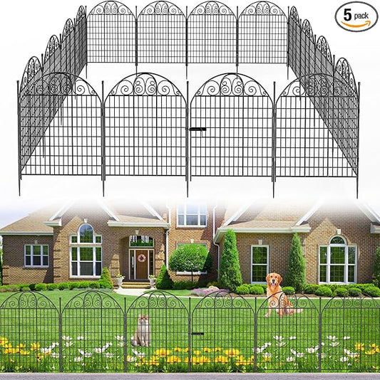 5 Panels No Dig Decorative Garden Fence with Gate, 36 in(H) X 12ft(L) Outdoor Dog Fence Animal Barrier, Rustproof Metal Wire Tall Garden Fencing for Dogs, Rabbits, and Yard Patio Temporary