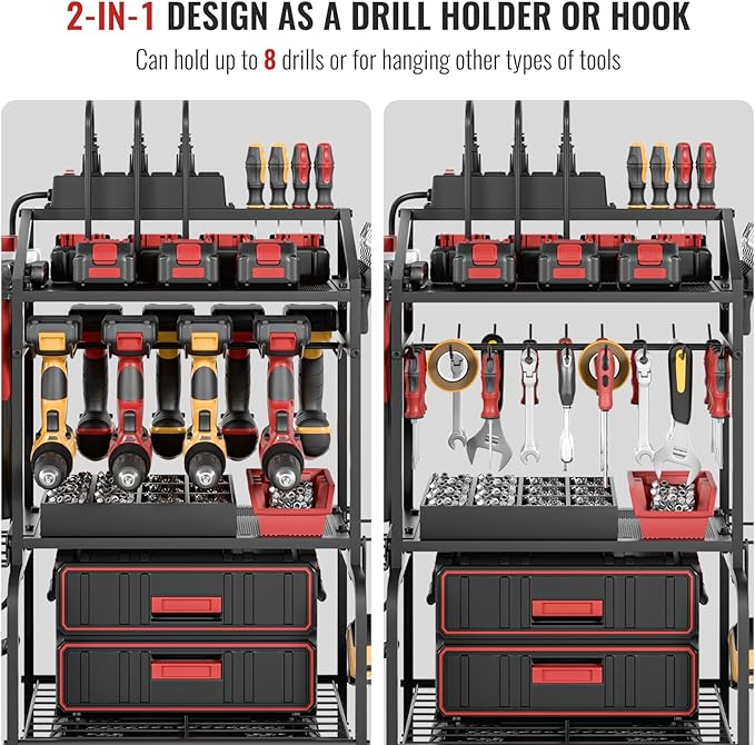 Power Tool Organizer Cart with Charging Station, Garage Floor Standing Rolling Drill and Tools Battery Storage Cart on Wheels, Rolling Tool Cart with 6 Outlet Power Strip