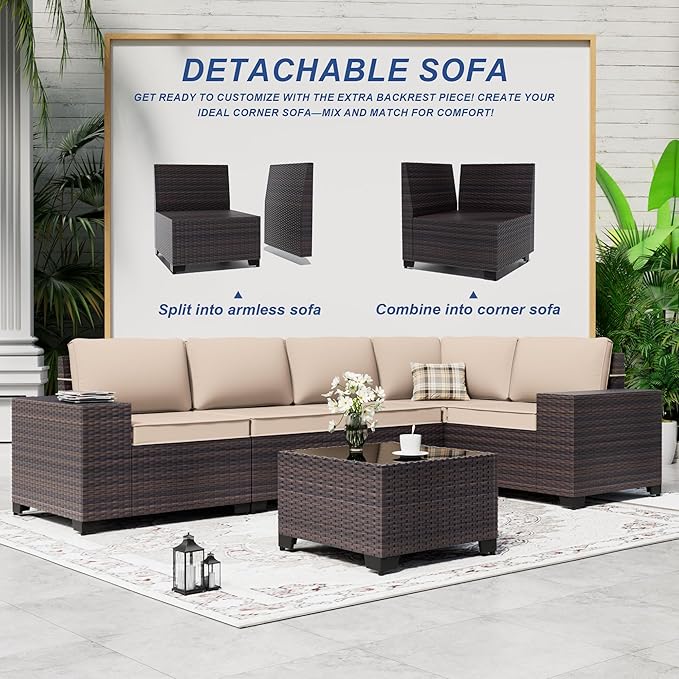 Outdoor Patio Furniture Set, 12 Pieces Outdoor Sectional Furniture High Backrest Patio Sofa, All-Weather PE Rattan Patio Conversation Set with Coffee Table & Cushions(Brown).
