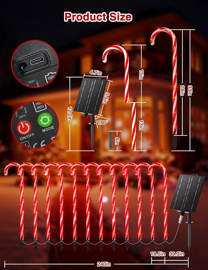 COOLWUFAN 24 Pack 28" Solar Candy Cane Path Lights Christmas Decorations, 4 Brightness Levels 264 Bright LEDs Waterproof Pathway Markers with Stakes for Outdoor Yard Garden Walkway Xmas Holiday Decor