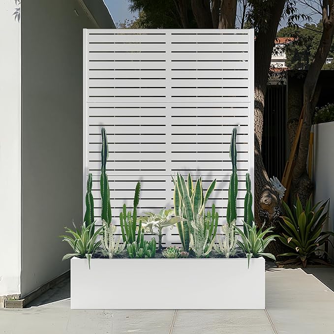 Metal Planter Box with Trellis Privacy Screen, Large Raised Garden Beds with Trellis for Climbing Plants, Flowers, Privacy Planters with Drainage Holes for Patio (47" L, White Blinds)