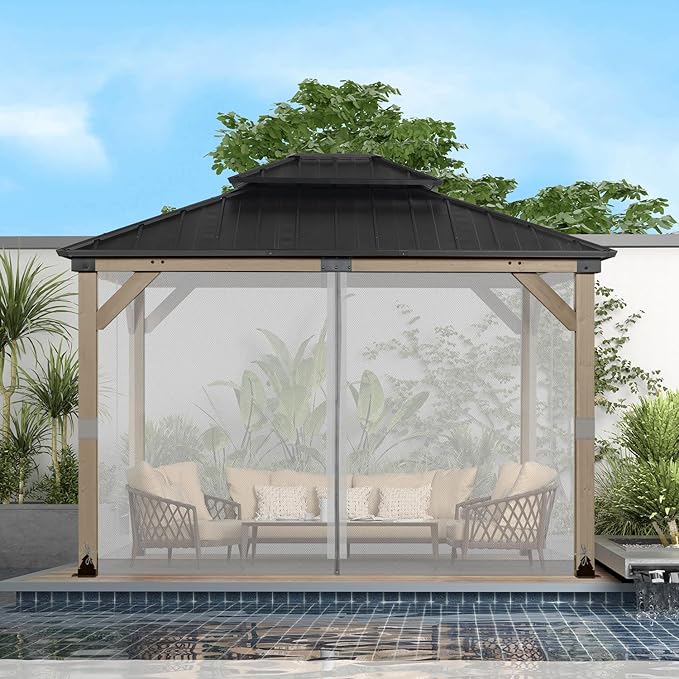BPS 12' x 14' Gazebo Universal Mosquito Netting Screen Replacement, 4-Panel Screen Walls with Double Zippers for Outdoor Patio, Gray (Mosquito Net Only)