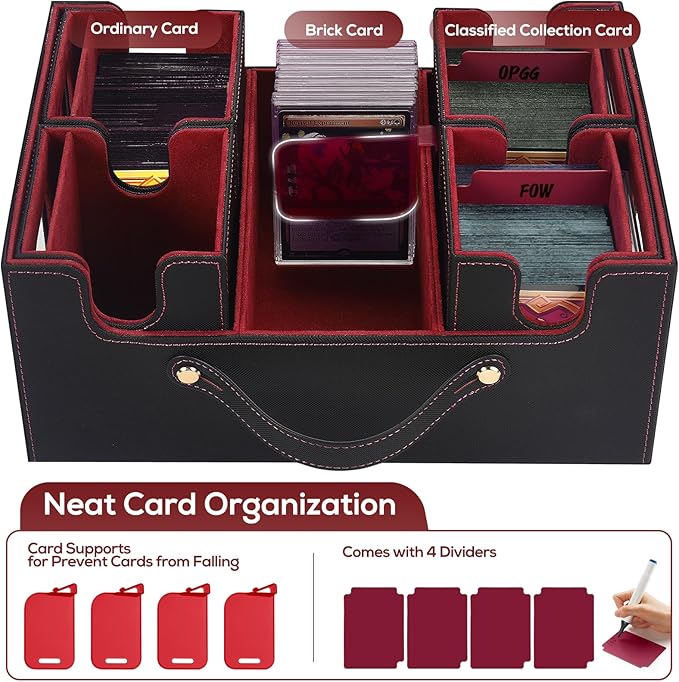 Trading Card Storage Box for MTG, MTG commander deck box，Multi-purpose Deck Case for MTG TCG Sports Card, 4 Toploaders, 4 Stoppers, 4 Colorful Dividers (Black & Red)