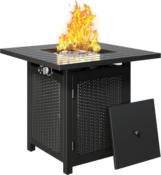 Black Propane Fire Pit Table, 50000 BTU Gas Fire Pits Table with Removable Lid and Lava Rock, Square Fire Table with Cover, 30'', Ideal for Dining or Party on Patio, Garden, Yard