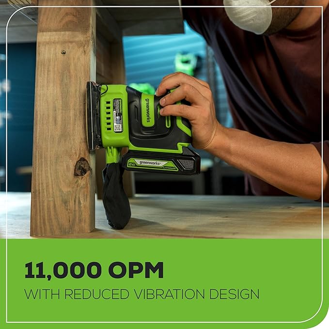 Greenworks 24V Cordless Palm Sander, 1/4 Sheet Sander with Dust Bag, Compact and Lightweight, 11000 OPM, with 2Ah Battery and Charger