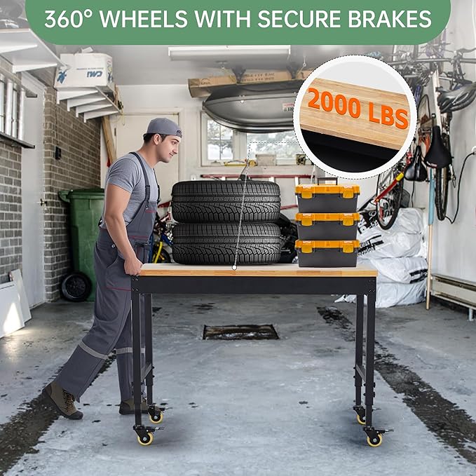 48"x24" Heavy-Duty Adjustable Workbench - 2000LB Capacity Work Bench with Rubberwood Top, Locking Wheels & Power Outlets, 27.8"-39.5" Height, Mobile Garage Workstation for Workshop/Home DIY
