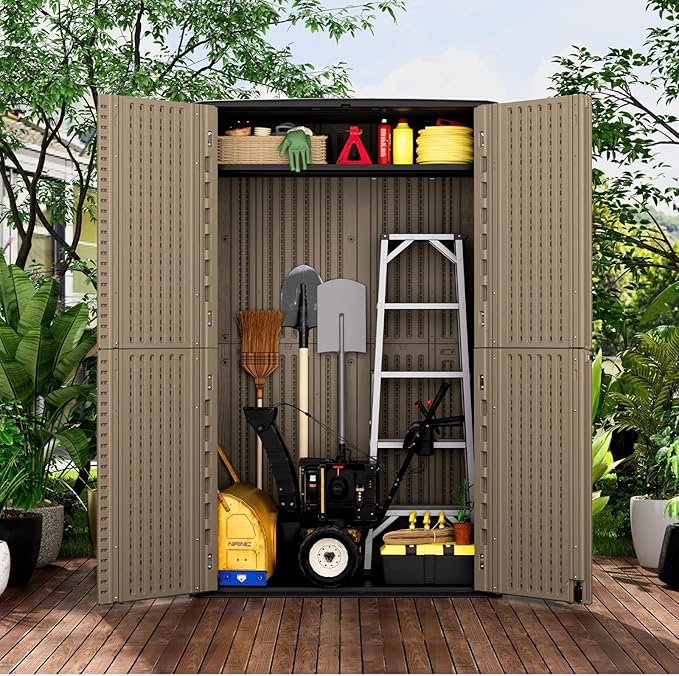 ZZM Large 67 Cu.ft Waterproof Storage Shed, Outdoor Storage Cabinet，Durable Resin Storage for Patio Furniture, Garden Tools, Pool Accessories, Mower Storage (Coffee)