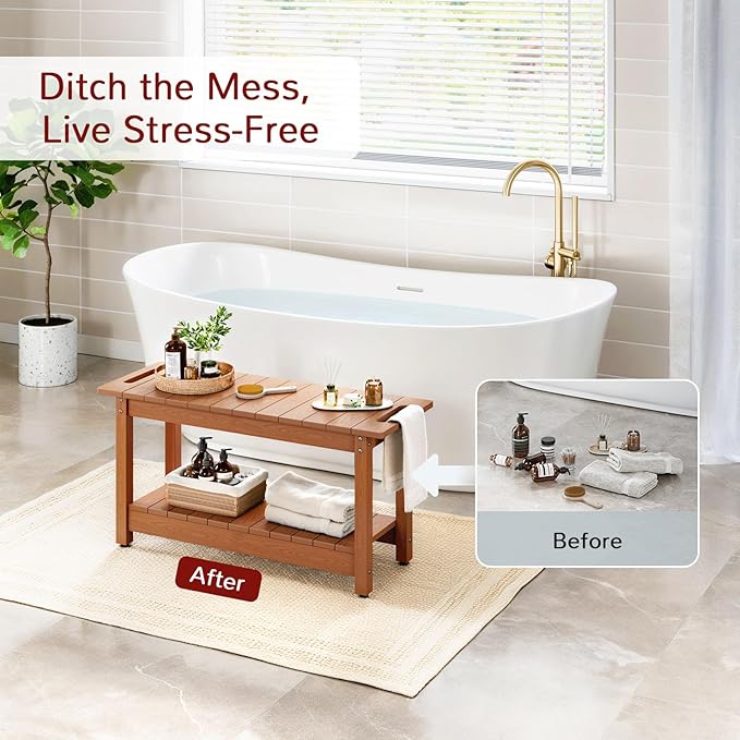 Stoog 35.5" Large Shower Bench, Waterproof Shower Stool with Storage Shelf and Handles, Adjustable and Non-Slip Feet, Shower Chair for Inside Shower, Brown