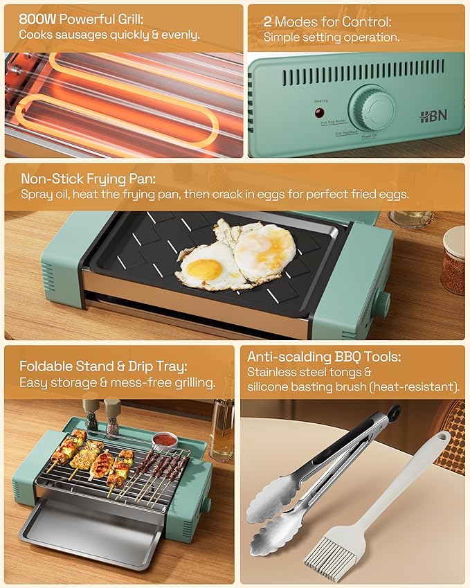 HBN 3-in-1 Hot Dog Roller Grill Machine with Nonstick Plate & Grill Rack, 800W Compact Indoor Electric Sausage Griller for Kitchen, Home, Small Space Use (Cyan)