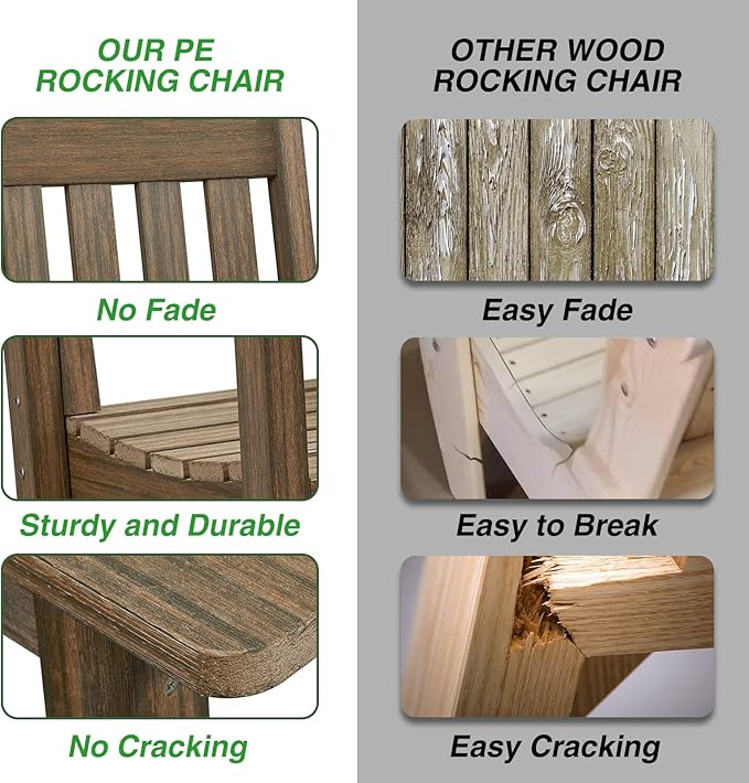 Rocking Chair Outdoor, HDPE Oversized Patio Rocking Chairs, Weather Resistant, 350lbs Heavy Duty Porch Rocker with High Back for Backyard, Fire Pit, Garden and Indoor (Light Brown)