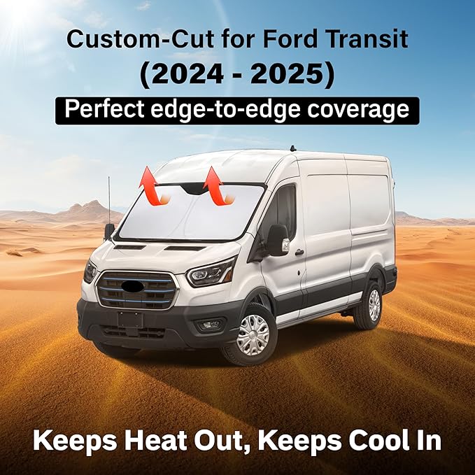 Econour Windshield Sun Shade for 2015-2025 Ford Transit 350 Custom Fit Sunshade Window Sun Visor Protector Foldable Blocks UV Rays Keep Car Cooler