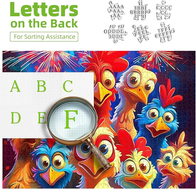 500 Piece Jigsaw Puzzle for Adults and Kids, Colorful Cartoon Chickens with Fireworks Design, Vibrant Family Puzzle Game, Fireworks Night Scene Art for Stress Relief