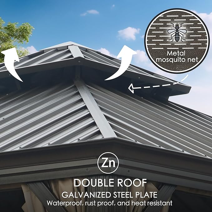 Kozyard Alexander 12' X 14' Aluminum Hardtop Gazebo with Galvanized Steel Double Roof Canopy, Curtain and Netting, Permanent Gazebo Pavilion for Patio, Backyard, Deck, Lawn (Gray)