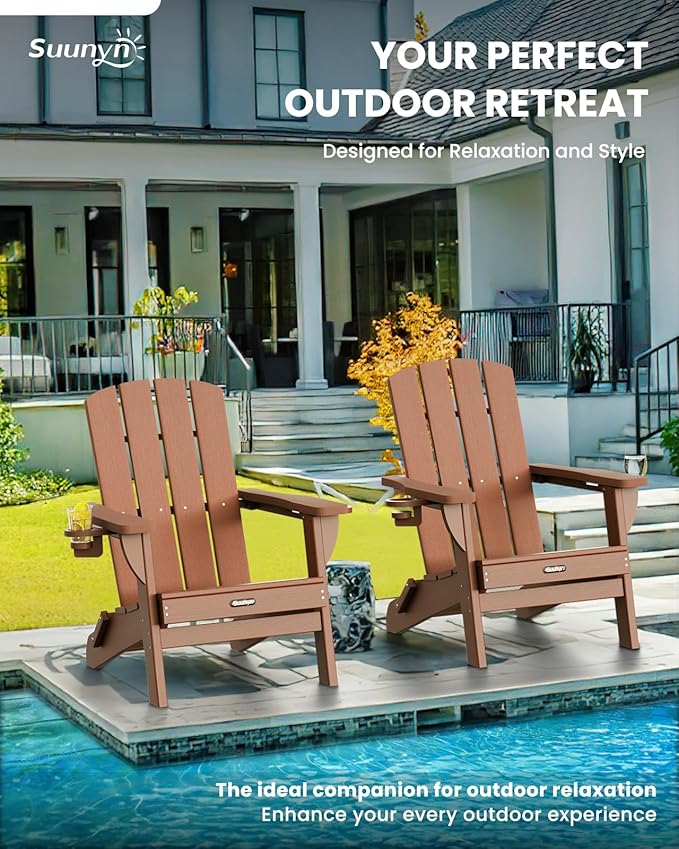Folding Adirondack Chair, HDPE All-Weather Fire Pit Chairs, Plastic Adirondack Chairs with 2 Cup Holder, Outdoor Lawn Chair for Patio Garden (Teak)