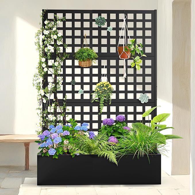 Metal Planter Box with Trellis & Wheels, Raised Garden Bed with Privacy Screen, Outdoor Standing Flower Beds with Drainage Hole for Climbing Plants, Vine, 47" Lx16 Wx71 H