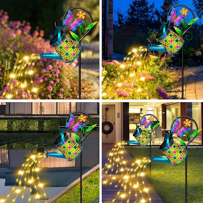 Solar Watering Can with Lights, Waterproof Solar Lantern with Butterfly Shepherd Hook, Hanging Garden Lights for Patio Yard Lawn Porch Outdoor Decoration, Unique Garden Gifts for Women