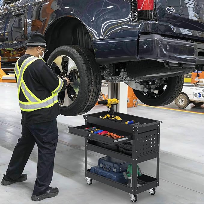3 Tier Rolling Tool Cart, 400 LBS Capacity Mechanic Tool Carts on Wheels, Heavy Duty Utility Cart with Drawers, Metal Work Cart for Garage, Warehouse and Repair Shop, Matte Black