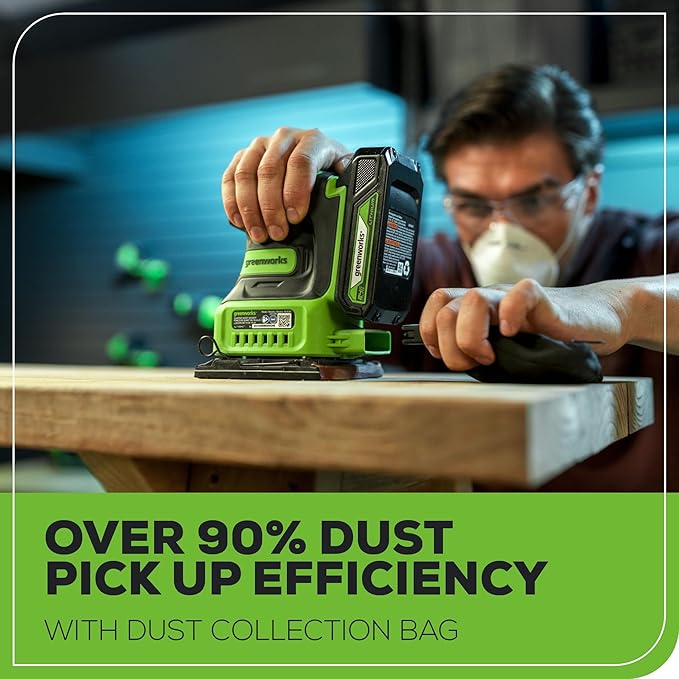 Greenworks 24V Cordless Palm Sander, 1/4 Sheet Sander with Dust Bag, Compact and Lightweight, 11000 OPM, with 2Ah Battery and Charger
