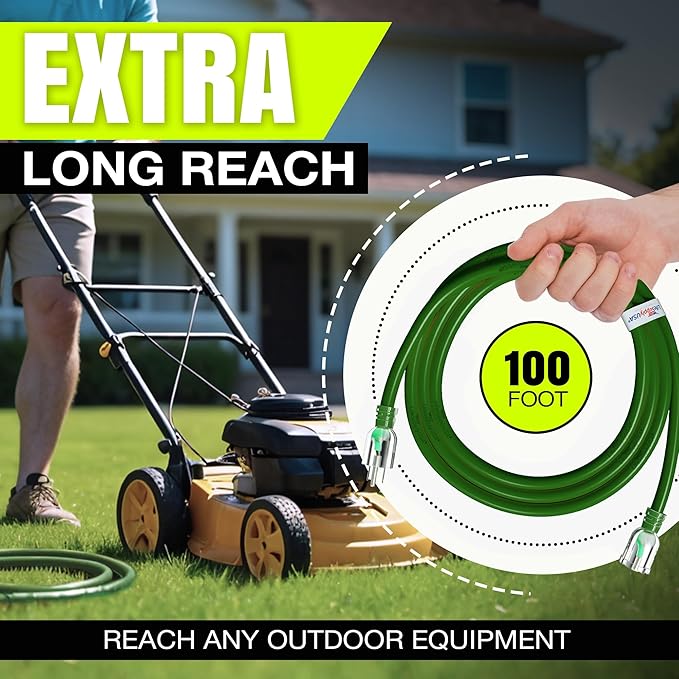 100ft Outdoor/Indoor Extension Cord 14/3 Gauge Heavy Duty 3 Prong SJTW, Waterproof, Flexible Cold-Resistant Long Power Cord,13A 125V 1625W, Green by LifeSupplyUSA